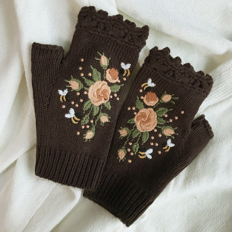 Autumn and Winter Embroidered Women's Warm Gloves Bee Flower Adult Knitted Gloves Embroidered Woolen Gloves