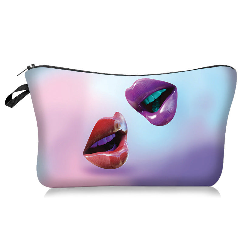 Sexy Lips Rose Flower Print European And American Fashion Cosmetic Bag In Hand, Ladies Storage And Wash