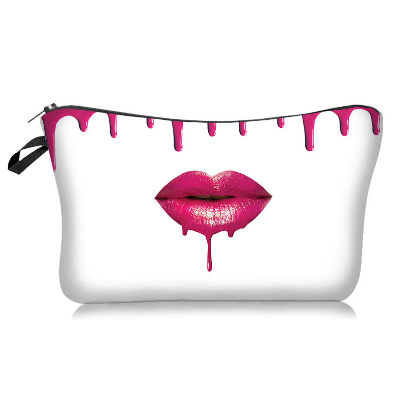 Sexy Lips Rose Flower Print European And American Fashion Cosmetic Bag In Hand, Ladies Storage And Wash