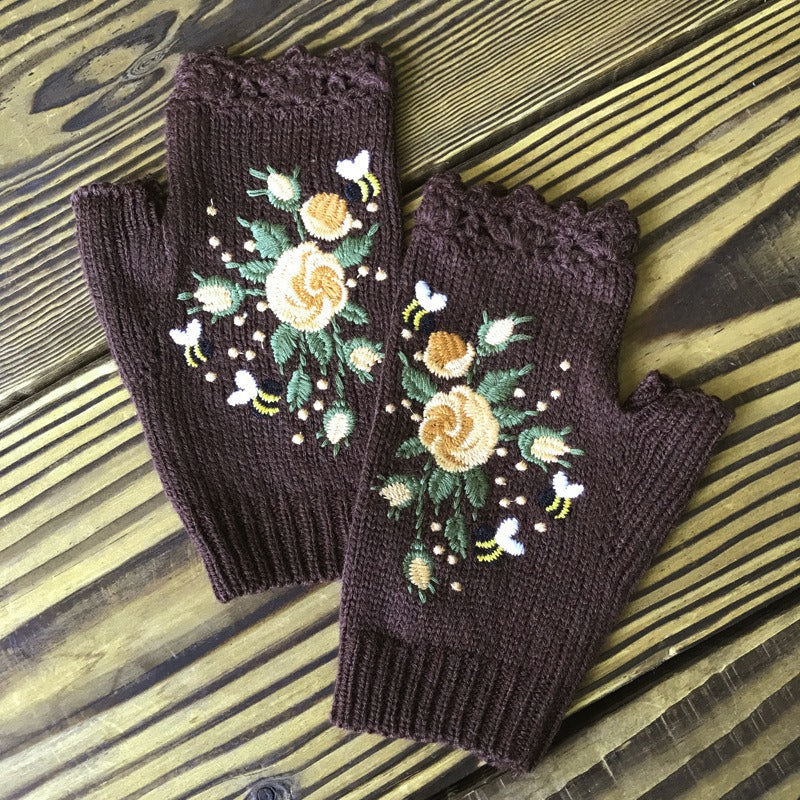 Autumn and Winter Embroidered Women's Warm Gloves Bee Flower Adult Knitted Gloves Embroidered Woolen Gloves