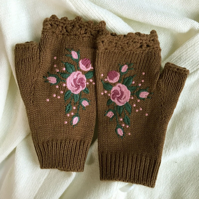 Autumn and Winter Embroidered Women's Warm Gloves Bee Flower Adult Knitted Gloves Embroidered Woolen Gloves