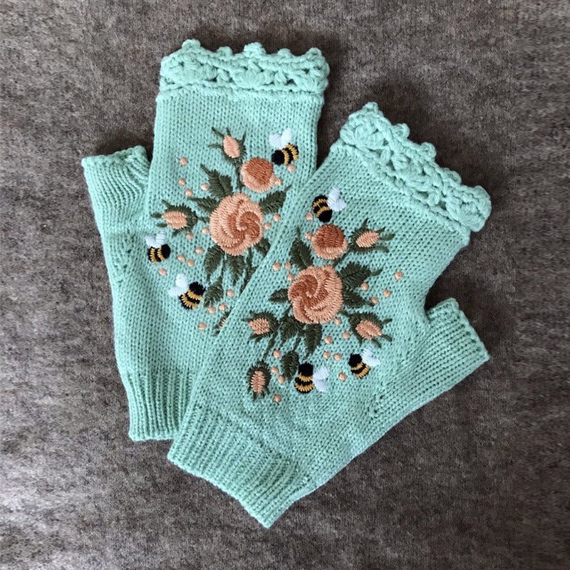 Autumn and Winter Embroidered Women's Warm Gloves Bee Flower Adult Knitted Gloves Embroidered Woolen Gloves