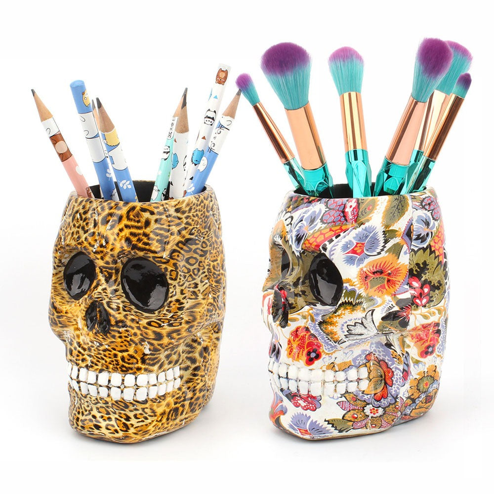Water transfer printing skull pen holder creative desktop makeup storage cylinder resin desktop ornament