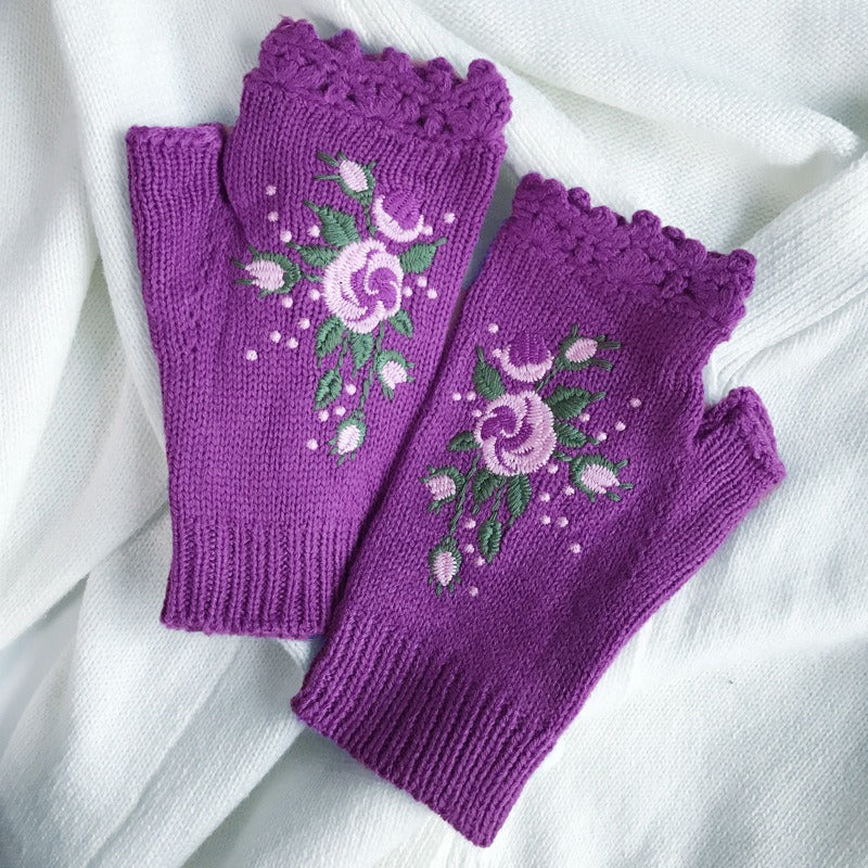 Autumn and Winter Embroidered Women's Warm Gloves Bee Flower Adult Knitted Gloves Embroidered Woolen Gloves