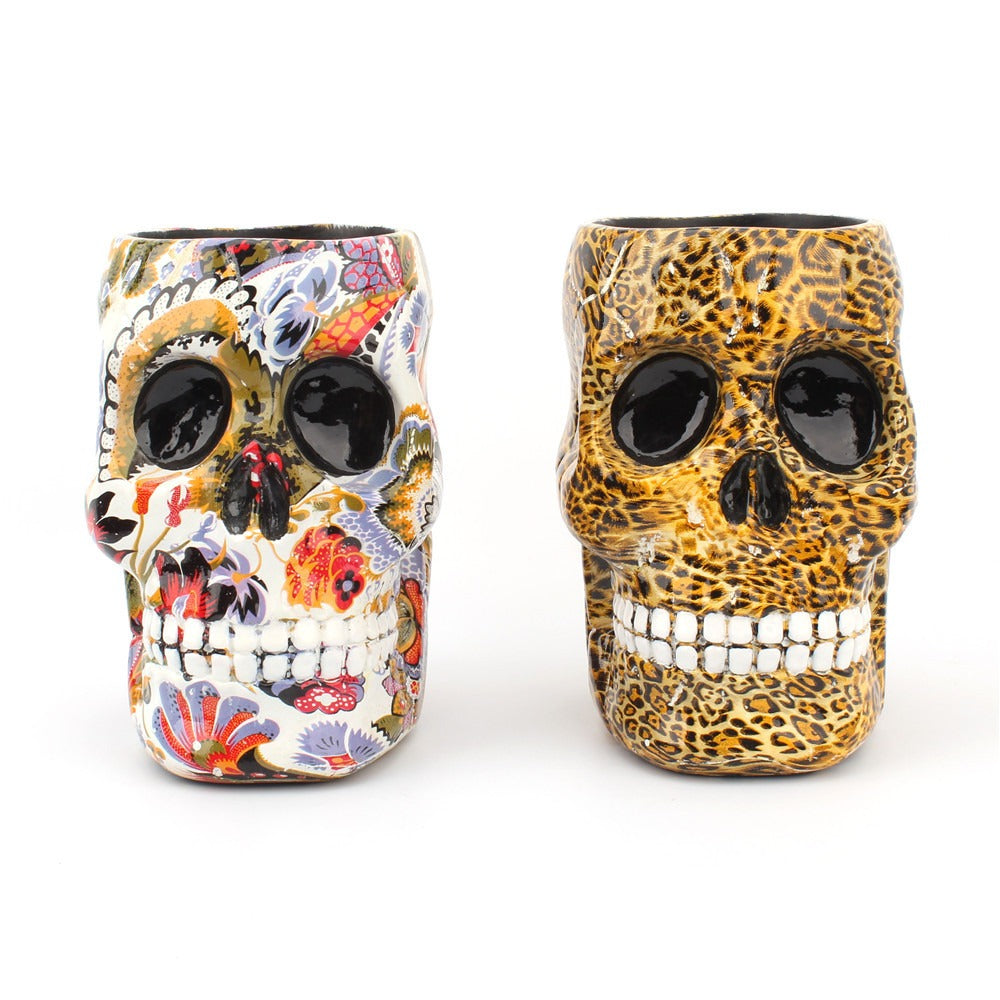 Water transfer printing skull pen holder creative desktop makeup storage cylinder resin desktop ornament