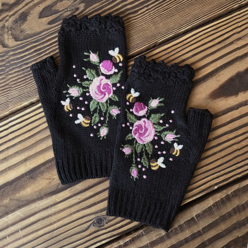 Autumn and Winter Embroidered Women's Warm Gloves Bee Flower Adult Knitted Gloves Embroidered Woolen Gloves