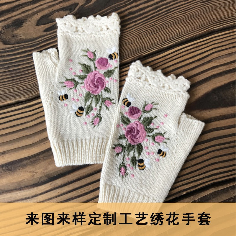 Autumn and Winter Embroidered Women's Warm Gloves Bee Flower Adult Knitted Gloves Embroidered Woolen Gloves