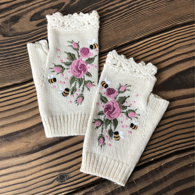 Autumn and Winter Embroidered Women's Warm Gloves Bee Flower Adult Knitted Gloves Embroidered Woolen Gloves