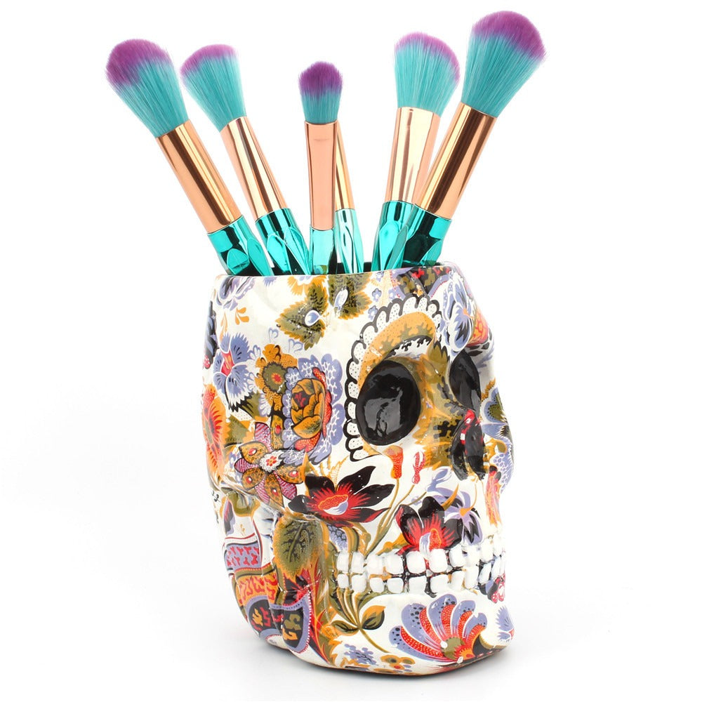 Water transfer printing skull pen holder creative desktop makeup storage cylinder resin desktop ornament