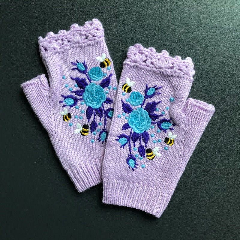 Autumn and Winter Embroidered Women's Warm Gloves Bee Flower Adult Knitted Gloves Embroidered Woolen Gloves