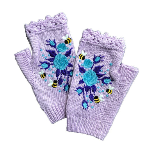 Autumn and Winter Embroidered Women's Warm Gloves Bee Flower Adult Knitted Gloves Embroidered Woolen Gloves