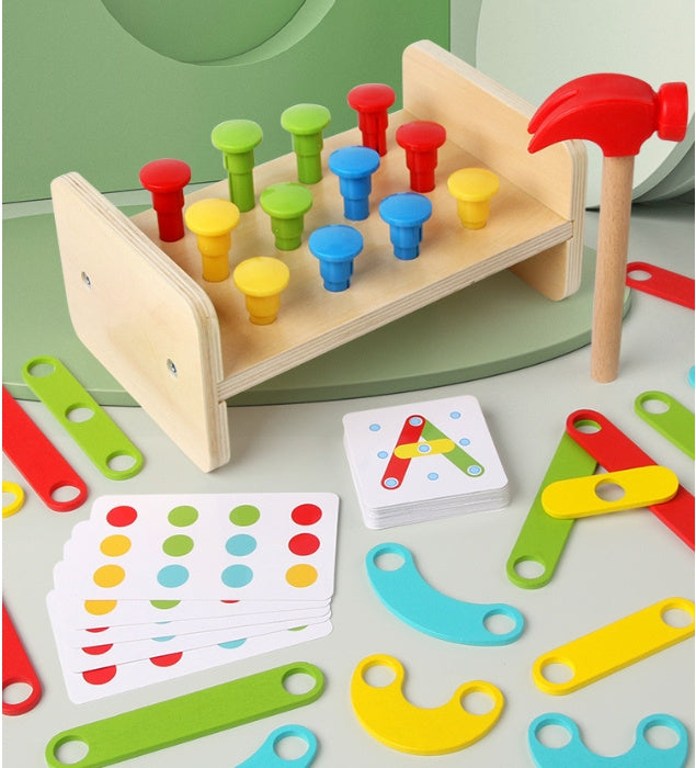 Two-in-one Pile Bridge Platform Nail Table Toy Children's Wooden Puzzle Pile Suit